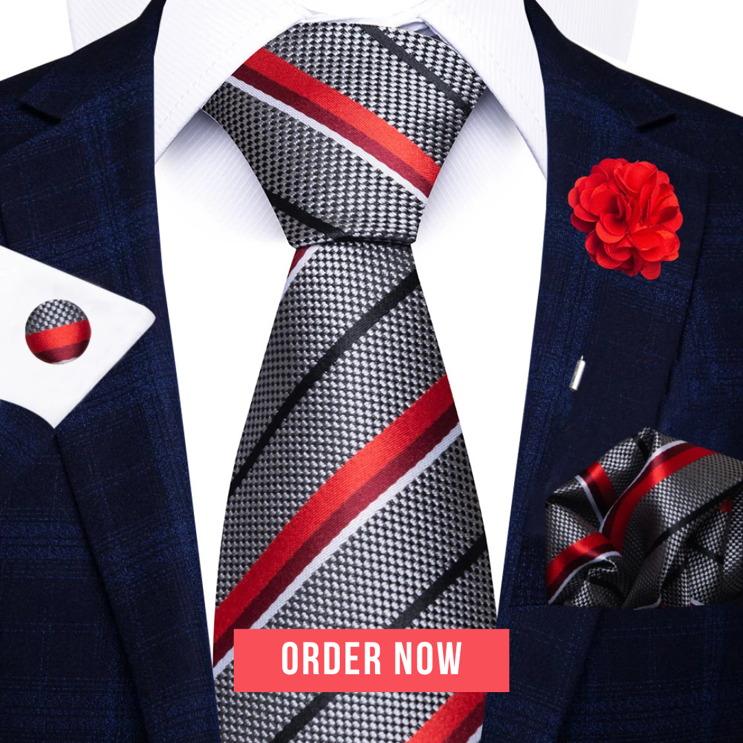 Men’s Red Stripe Tie Set – 8cm Necktie, Handkerchief, Cufflinks & Pin