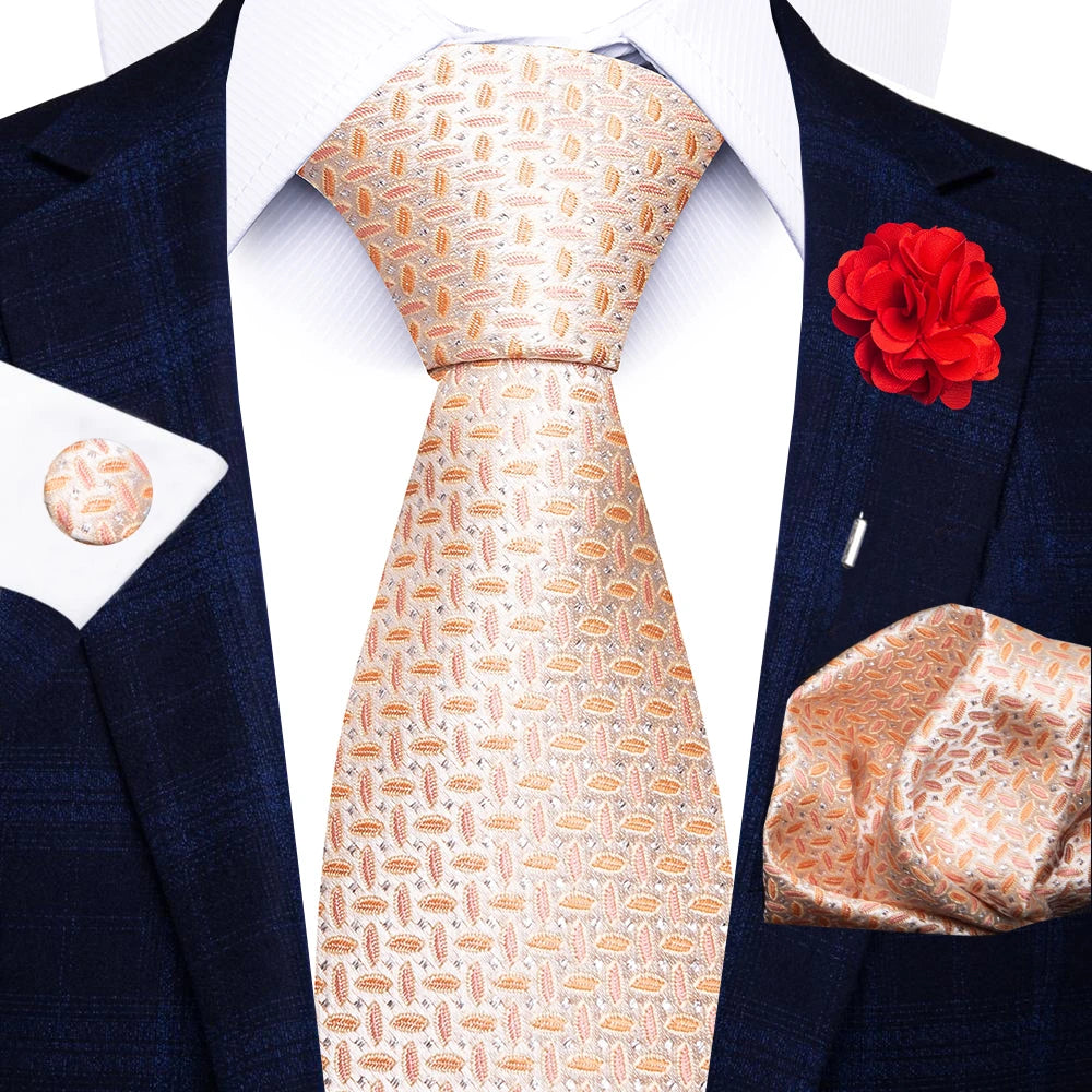 Men’s red striped tie set with handkerchief, cufflinks, and pin for wedding or formal suit