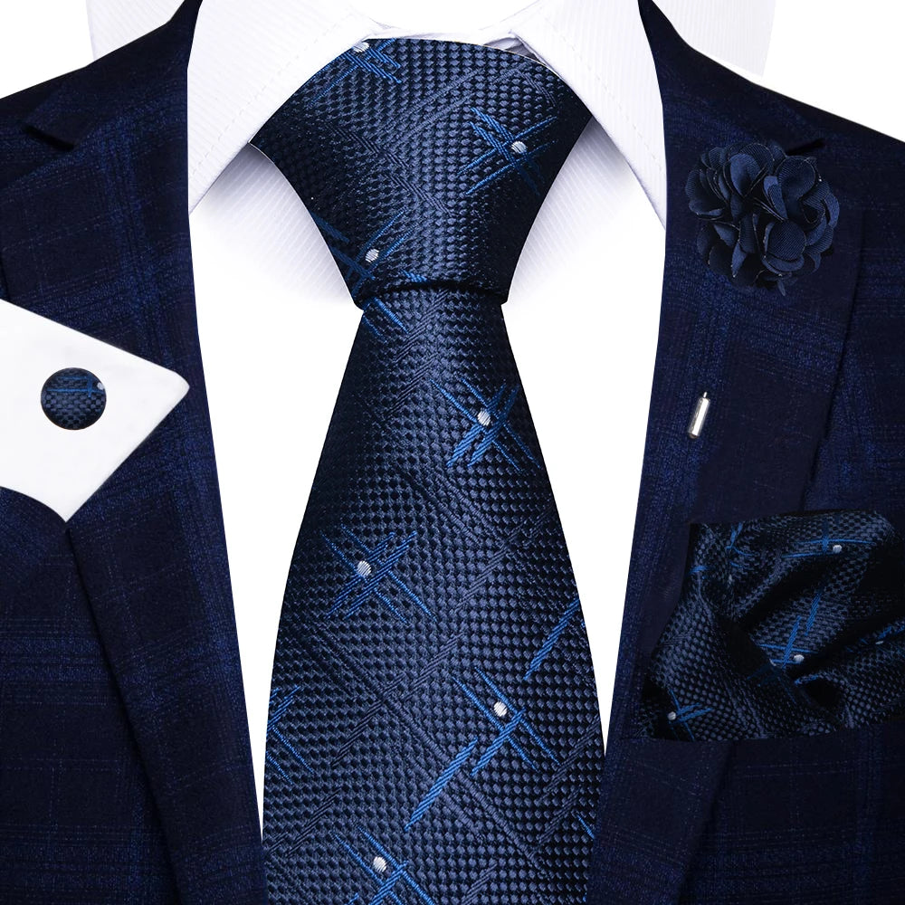 Men’s red striped tie set with handkerchief, cufflinks, and pin for wedding or formal suit