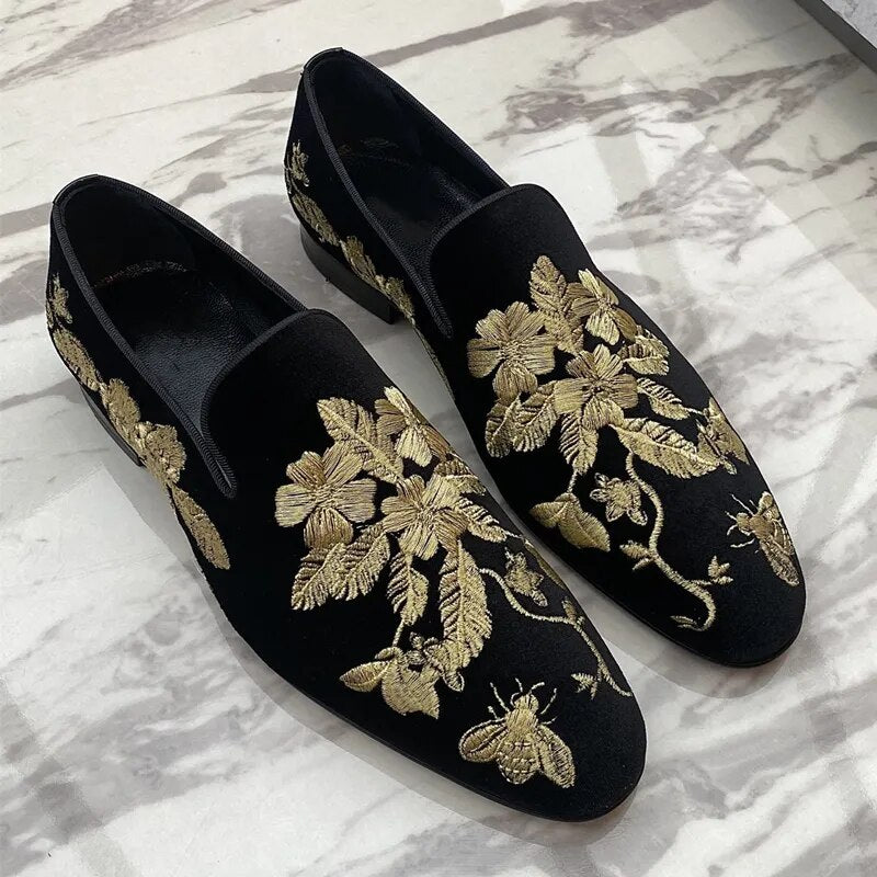 Gold Embroidery Flower Suede Loafers