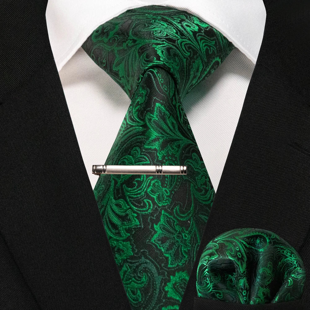 Silk paisley tie set with handkerchief and tie clip for men
