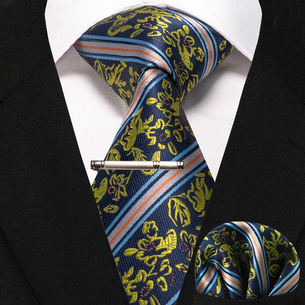 Silk paisley tie set with handkerchief and tie clip for men