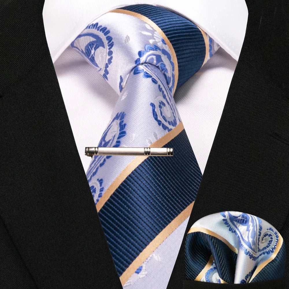 Silk paisley tie set with handkerchief and tie clip for men