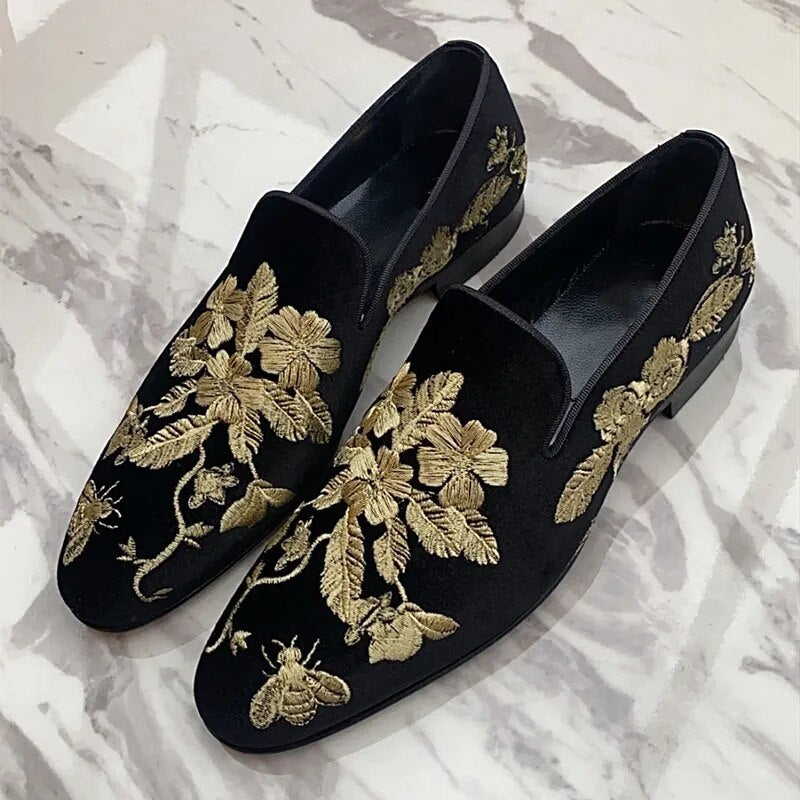 Gold Embroidery Flower Suede Loafers