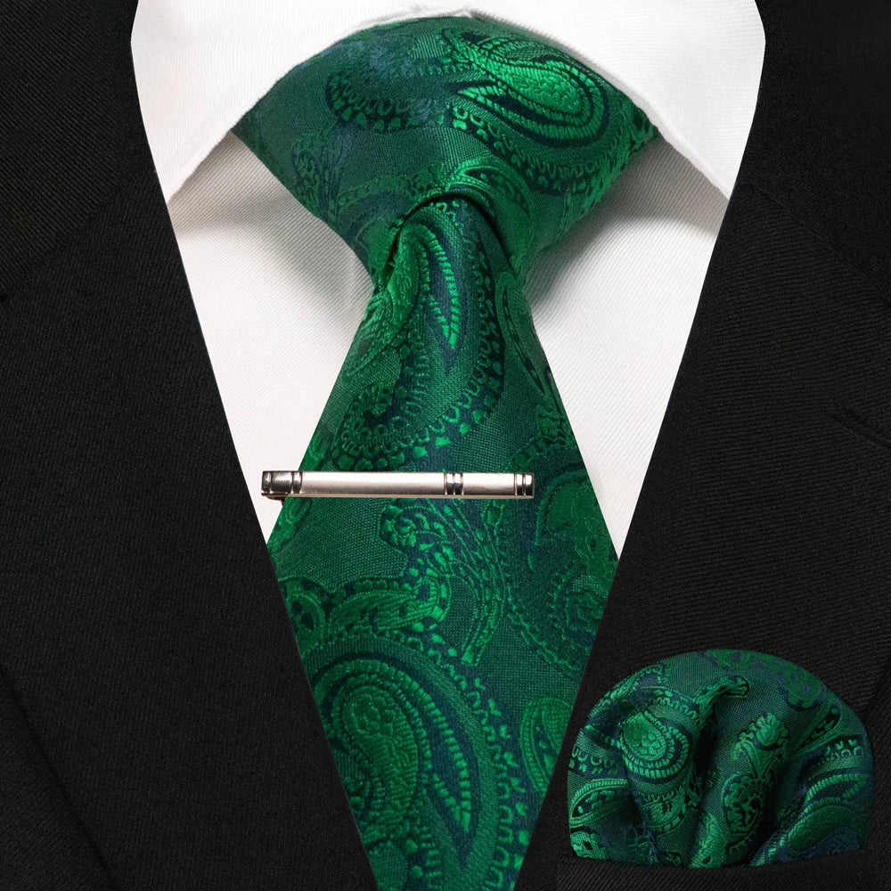 Silk paisley tie set with handkerchief and tie clip for men
