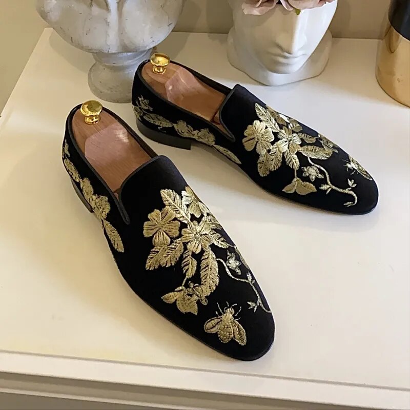 Gold Embroidery Flower Suede Loafers