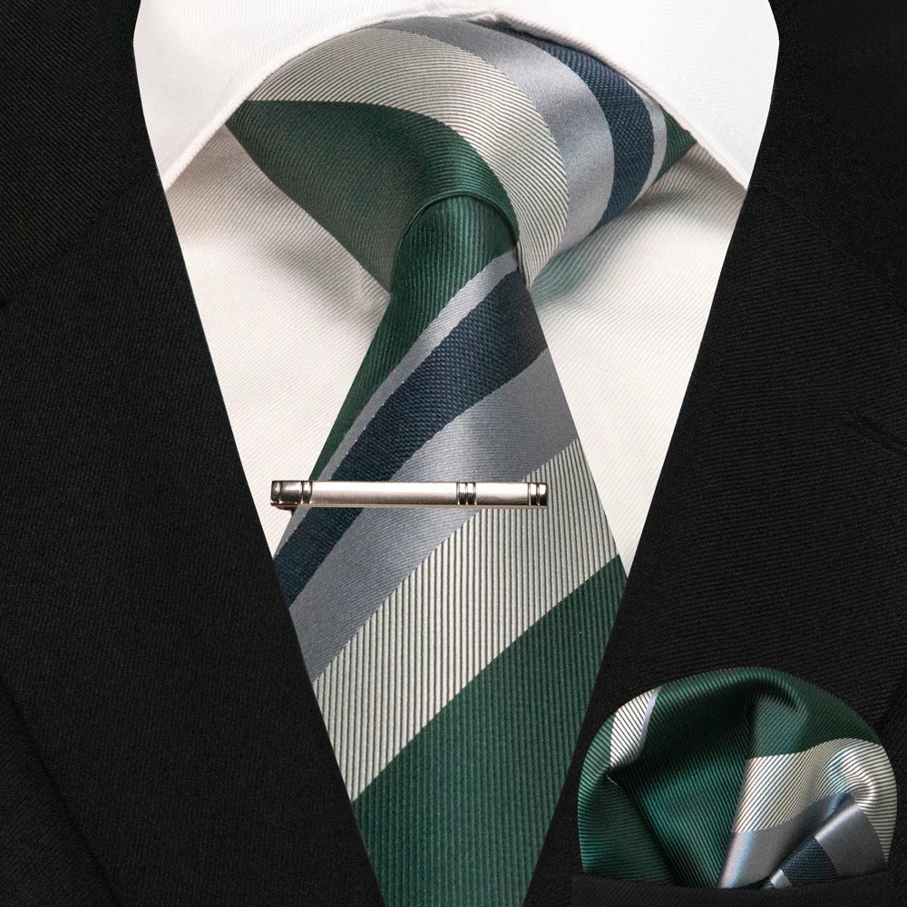 Silk paisley tie set with handkerchief and tie clip for men