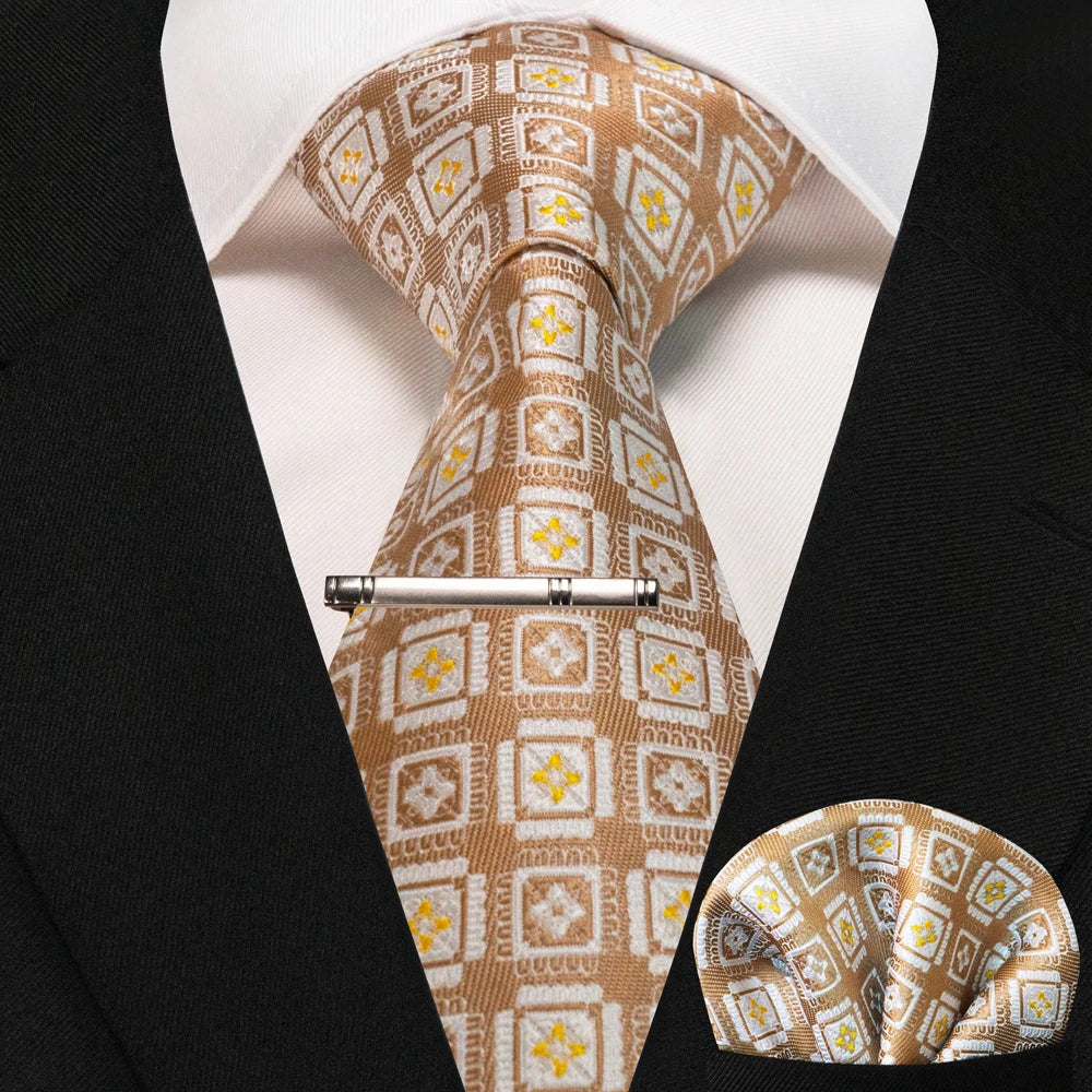 Silk paisley tie set with handkerchief and tie clip for men