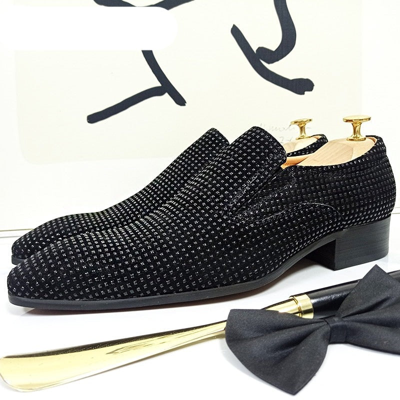 Black Rhinestones Suede Loafers