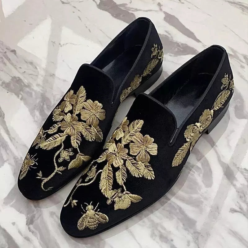 Gold Embroidery Flower Suede Loafers