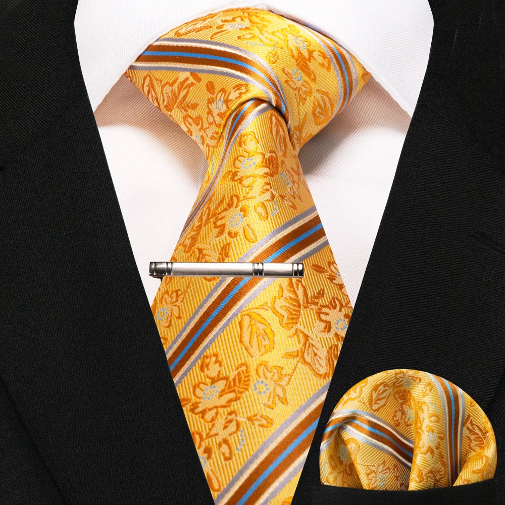 Silk paisley tie set with handkerchief and tie clip for men