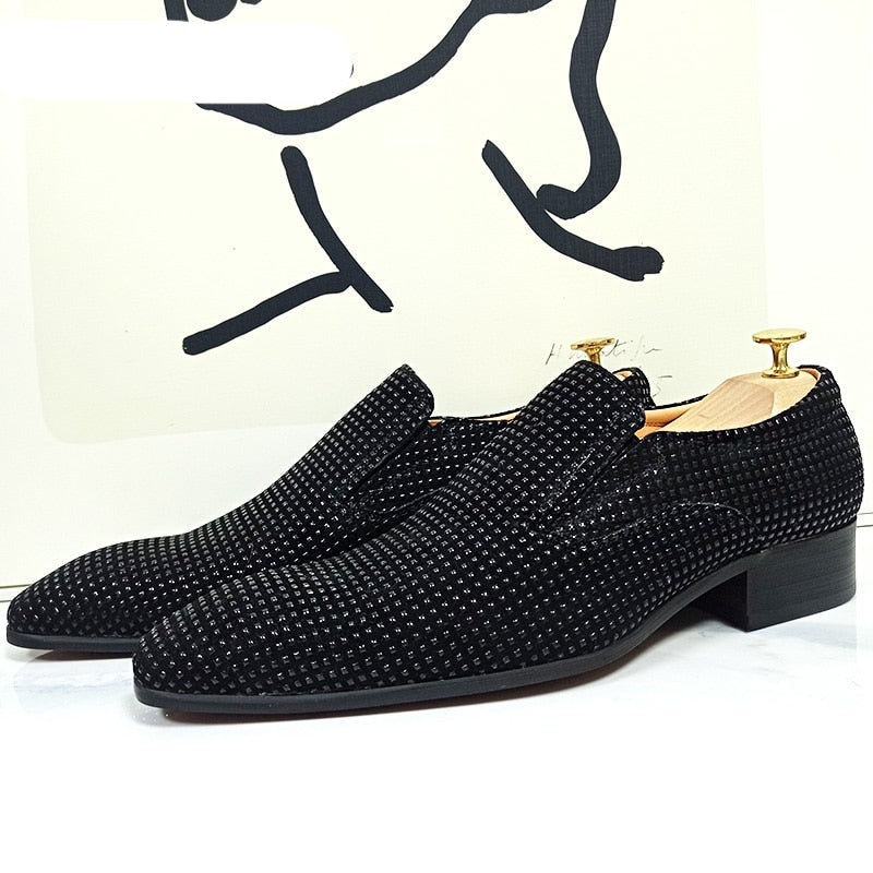 Black Rhinestones Suede Loafers