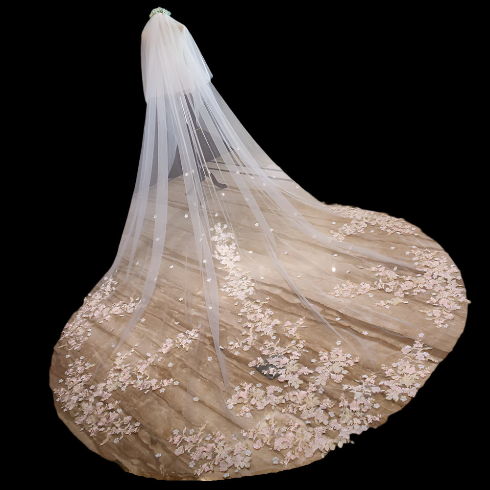 White Ivory Two Layer Lace Pink Flowers Design Wedding Veil back view