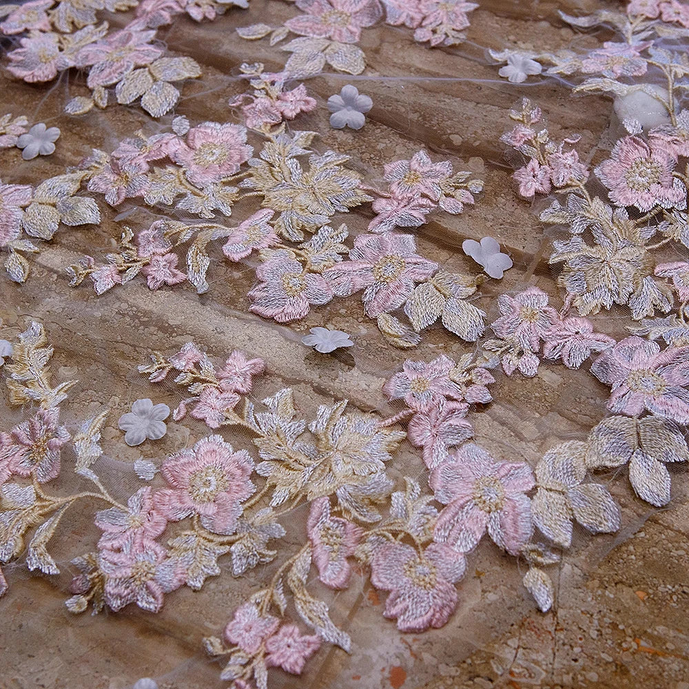 White Ivory Two Layer Lace Pink Flowers Design Wedding Veil