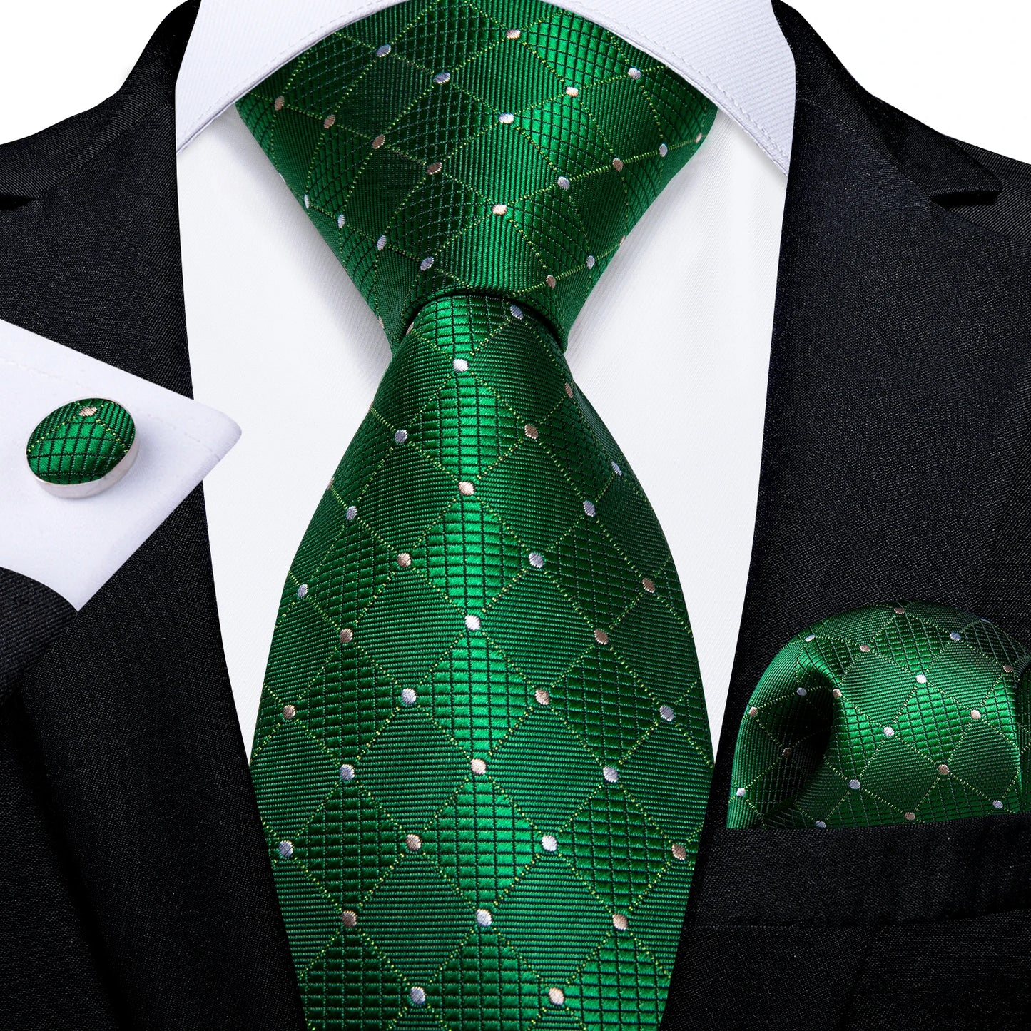 Green Plaid Silk Tie Set with Pocket Square, Cufflinks, Brooch & Ring for Men Set