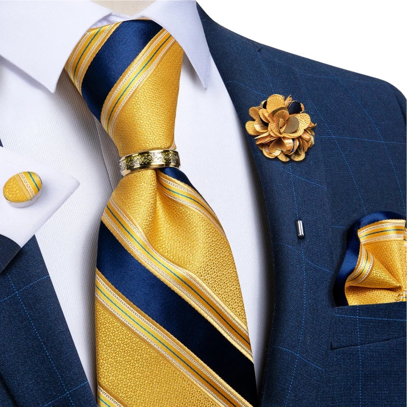 Green Plaid Silk Tie Set with Pocket Square, Cufflinks, Brooch & Ring for Men