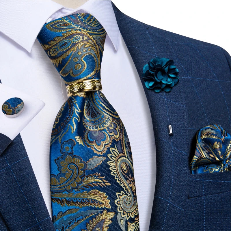 Green Plaid Silk Tie Set with Pocket Square, Cufflinks, Brooch & Ring for Men