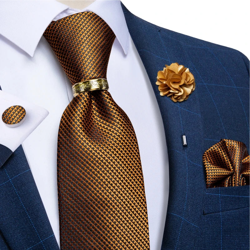 Green Plaid Silk Tie Set with Pocket Square, Cufflinks, Brooch & Ring for Men