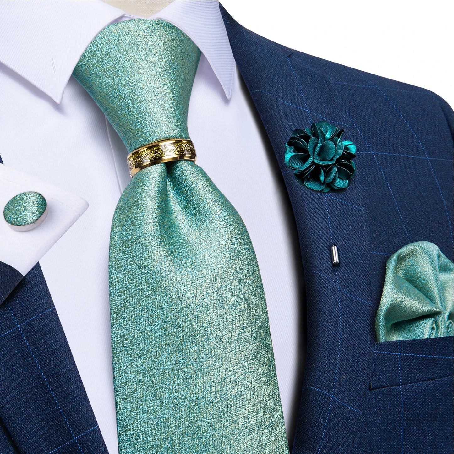 Green Plaid Silk Tie Set with Pocket Square, Cufflinks, Brooch & Ring for Men