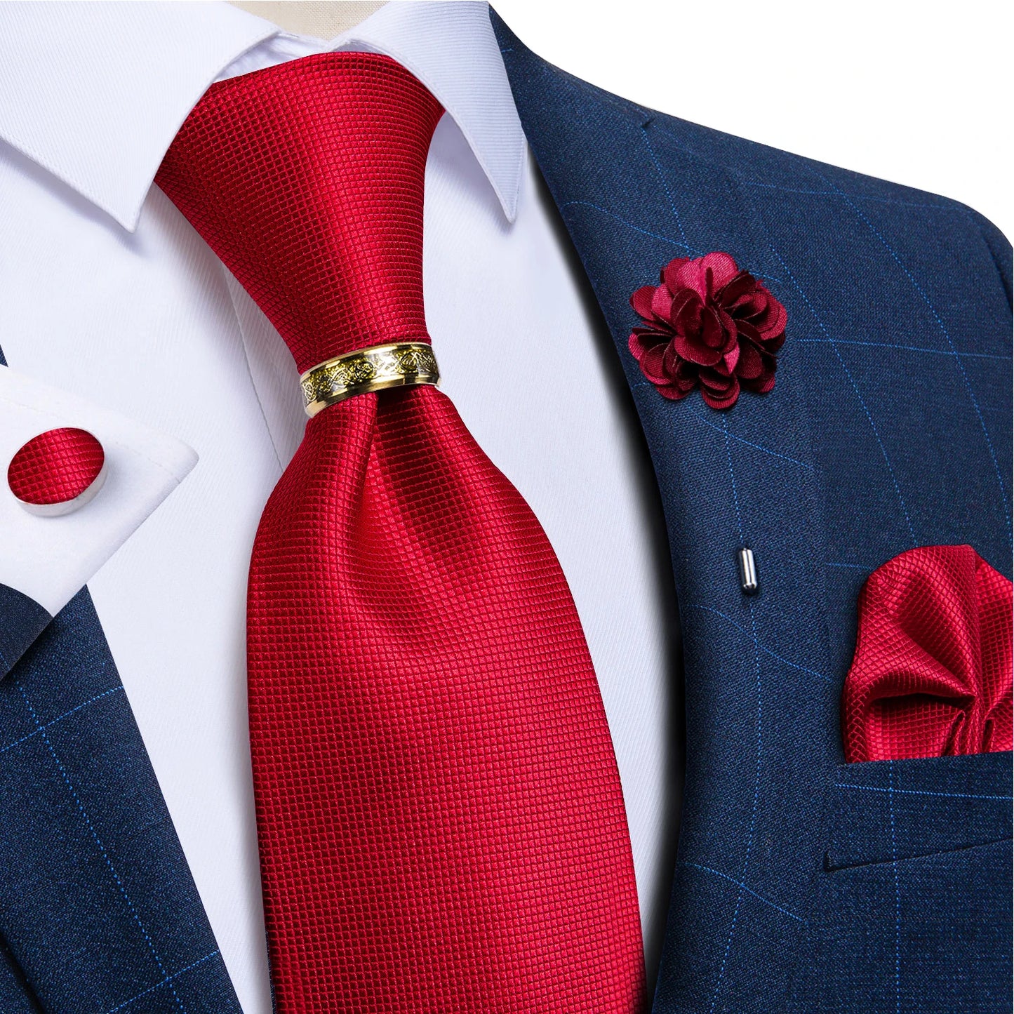Green Plaid Silk Tie Set with Pocket Square, Cufflinks, Brooch & Ring for Men
