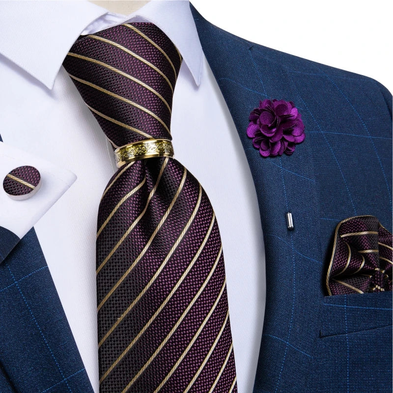 Green Plaid Silk Tie Set with Pocket Square, Cufflinks, Brooch & Ring for Men