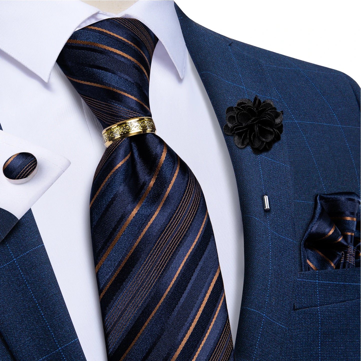 Green Plaid Silk Tie Set with Pocket Square, Cufflinks, Brooch & Ring for Men