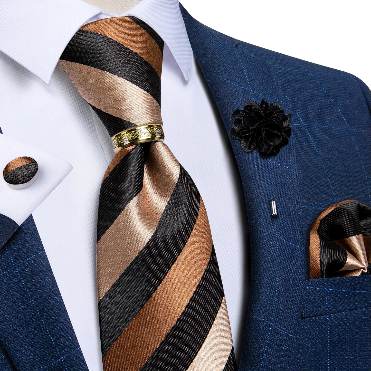 Green Plaid Silk Tie Set with Pocket Square, Cufflinks, Brooch & Ring for Men