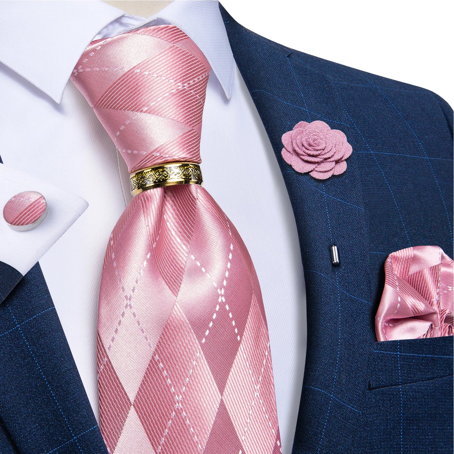 Green Plaid Silk Tie Set with Pocket Square, Cufflinks, Brooch & Ring for Men