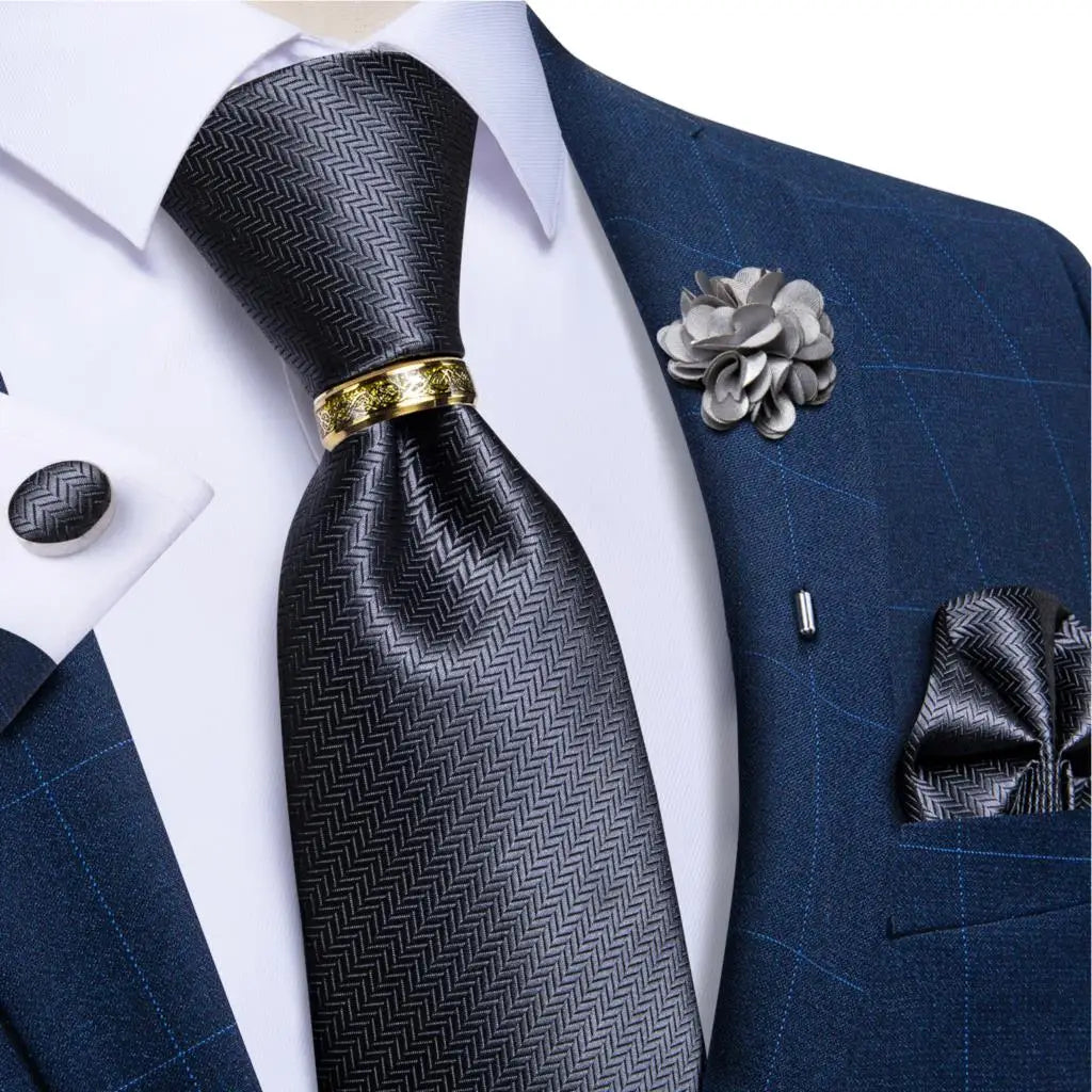 Green Plaid Silk Tie Set with Pocket Square, Cufflinks, Brooch & Ring for Men