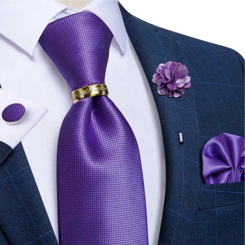 Green Plaid Silk Tie Set with Pocket Square, Cufflinks, Brooch & Ring for Men
