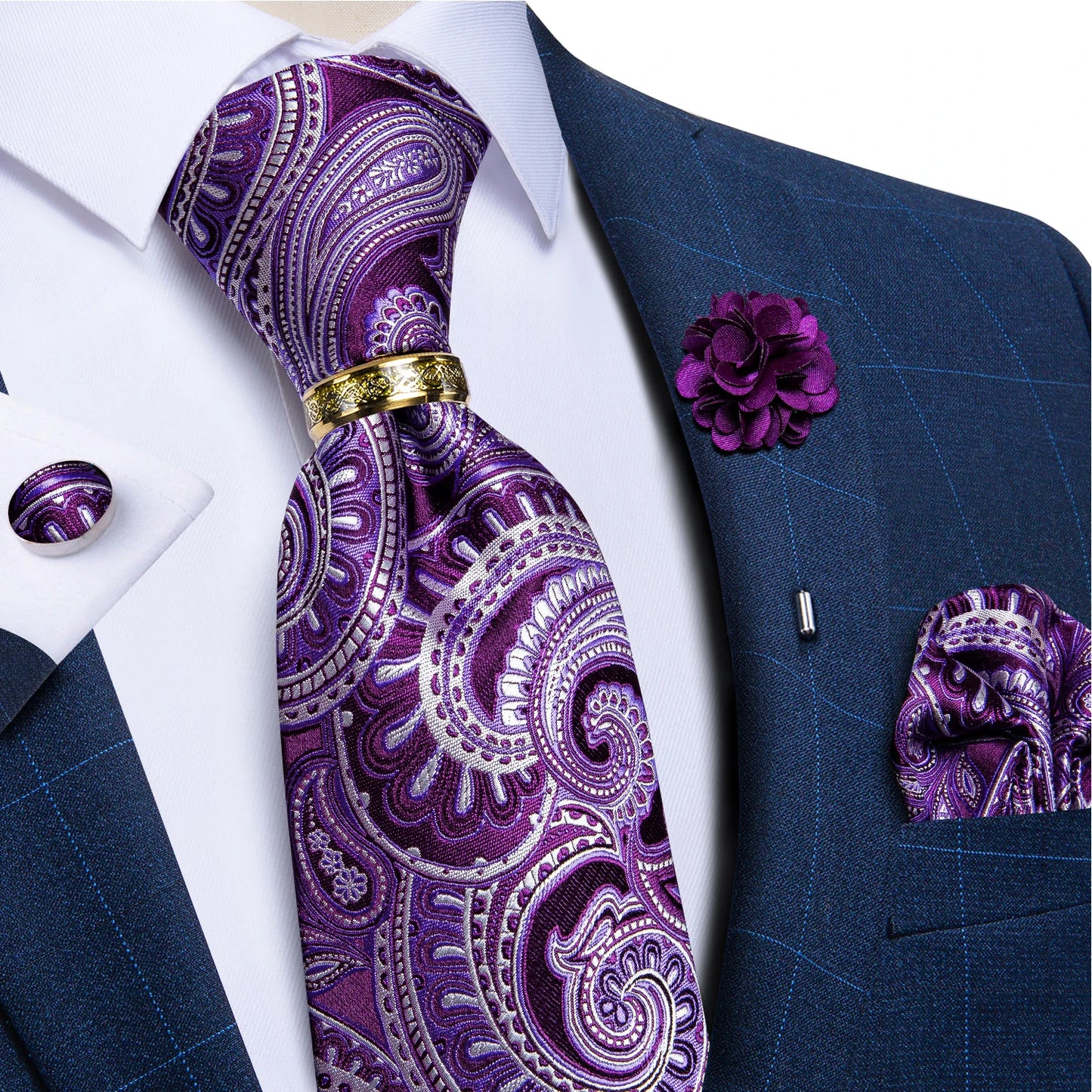 Green Plaid Silk Tie Set with Pocket Square, Cufflinks, Brooch & Ring for Men