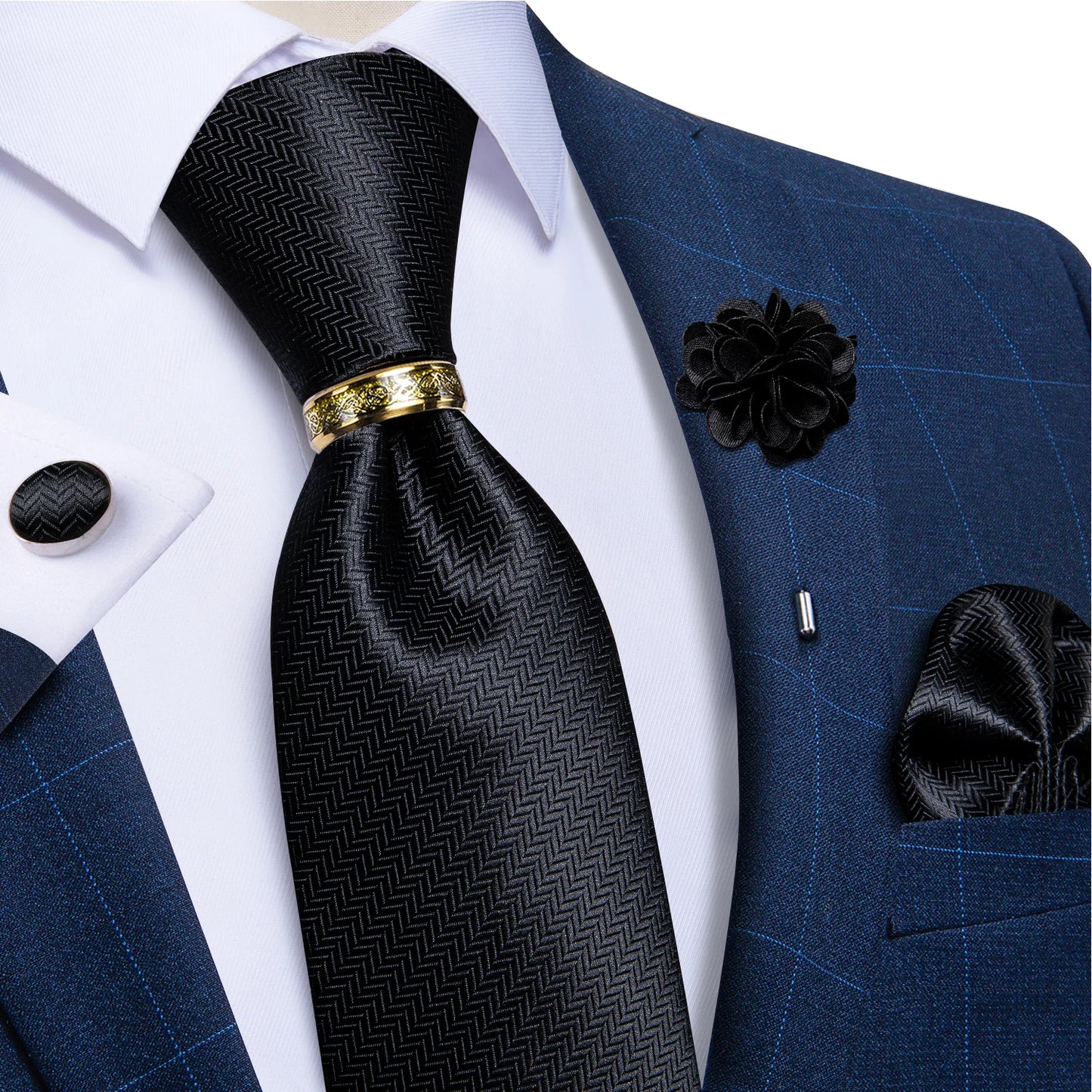 Green Plaid Silk Tie Set with Pocket Square, Cufflinks, Brooch & Ring for Men