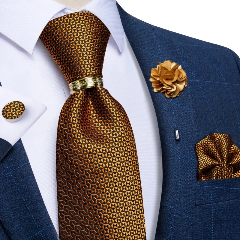 Green Plaid Silk Tie Set with Pocket Square, Cufflinks, Brooch & Ring for Men