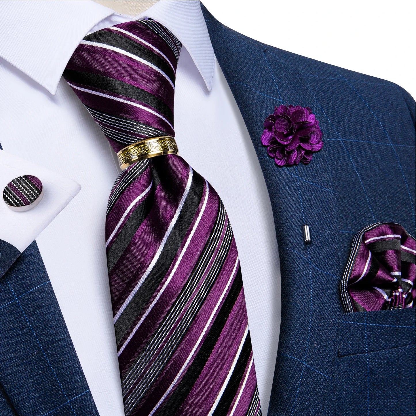 Green Plaid Silk Tie Set with Pocket Square, Cufflinks, Brooch & Ring for Men