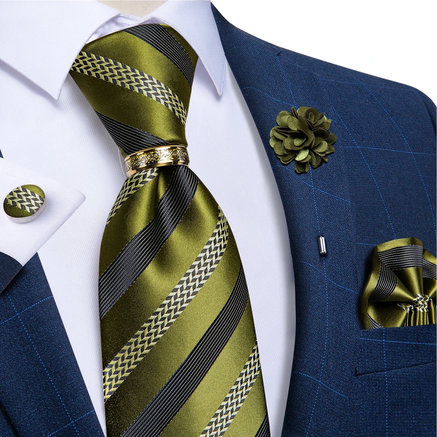 Green Plaid Silk Tie Set with Pocket Square, Cufflinks, Brooch & Ring for Men