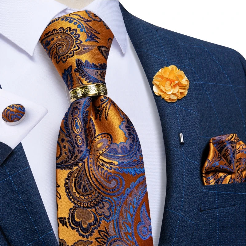 Green Plaid Silk Tie Set with Pocket Square, Cufflinks, Brooch & Ring for Men