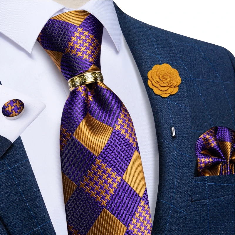 Green Plaid Silk Tie Set with Pocket Square, Cufflinks, Brooch & Ring for Men