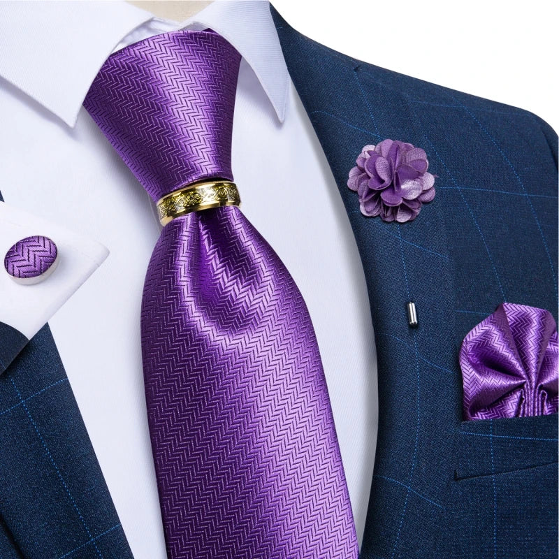 Green Plaid Silk Tie Set with Pocket Square, Cufflinks, Brooch & Ring for Men
