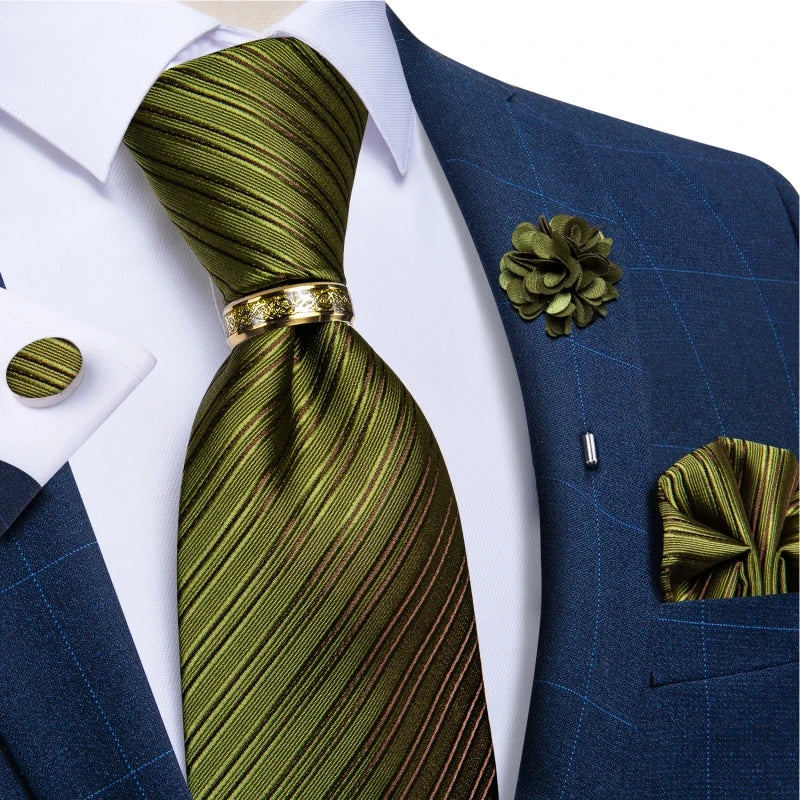 Green Plaid Silk Tie Set with Pocket Square, Cufflinks, Brooch & Ring for Men