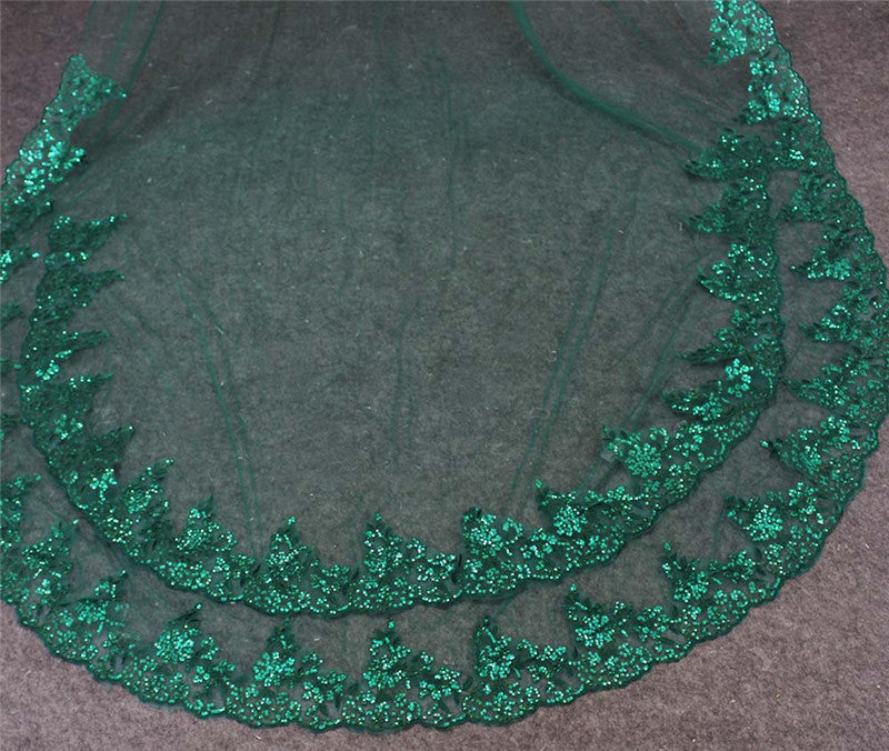 Green Single Tier Bling Wedding Veil with Comb design