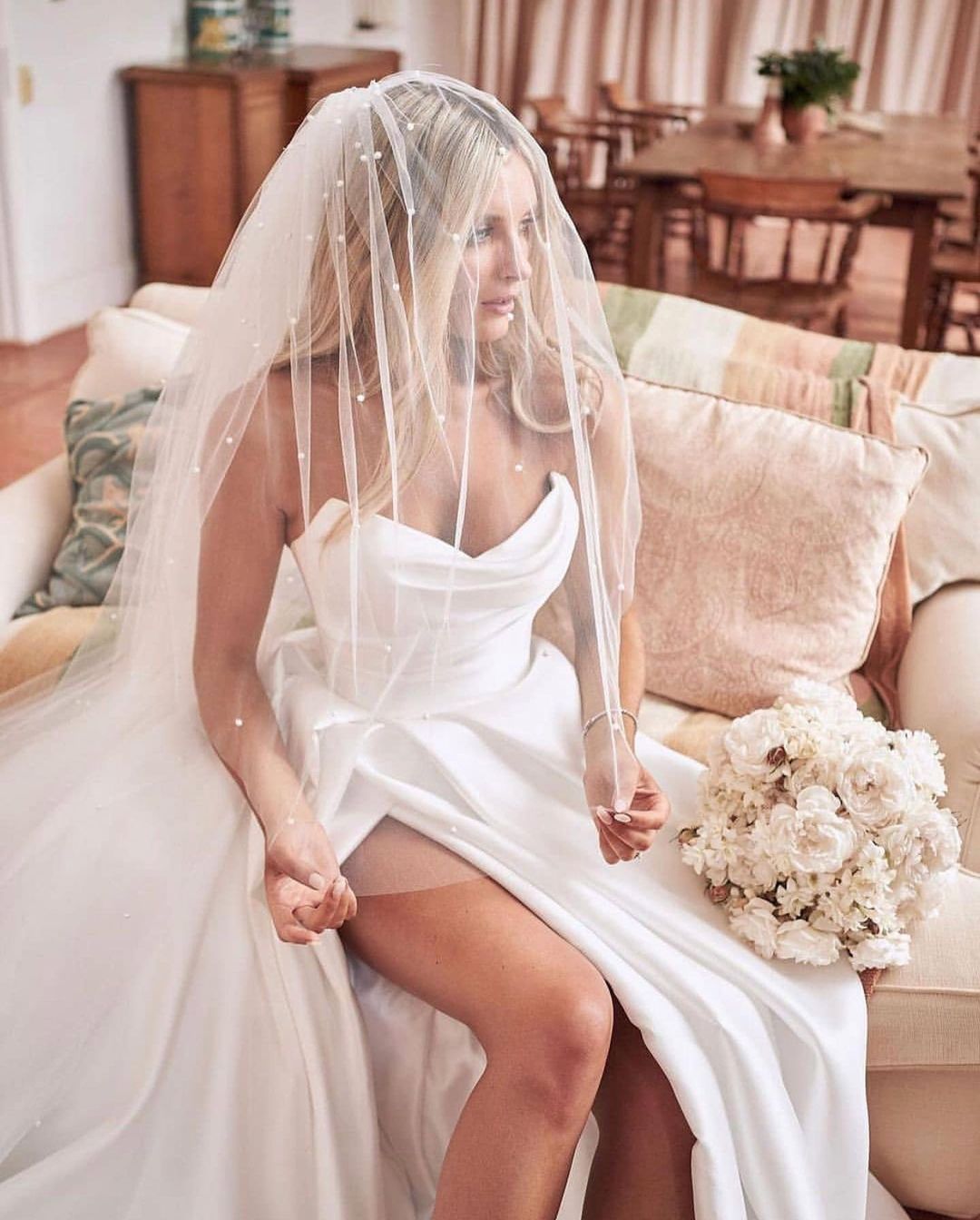 Blusher Wedding Veil with Pearls
