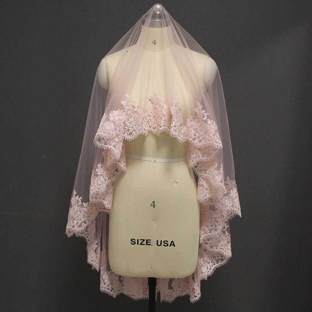 Short Laced Pink Wedding Veil