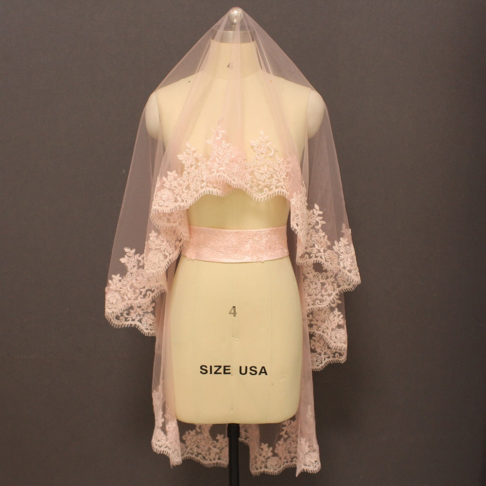 Short Laced Pink Wedding Veil