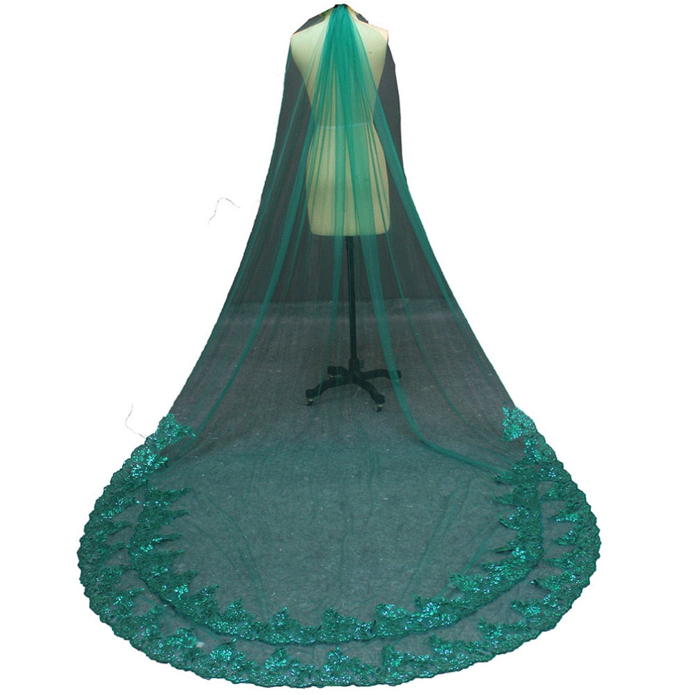 Green Single Tier Bling Veil with Comb