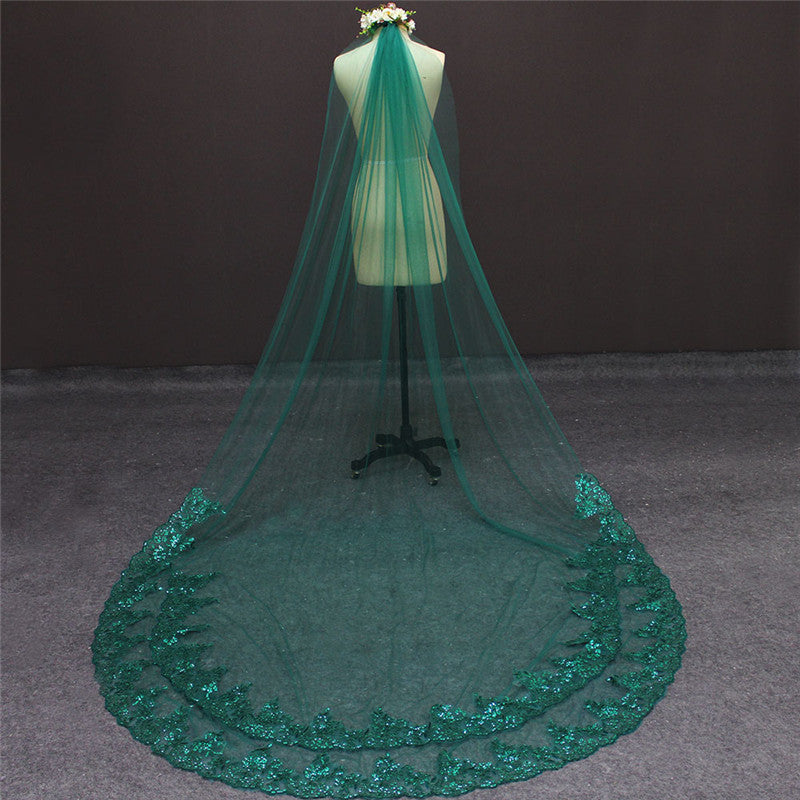 Green Single Tier Bling Veil with Comb