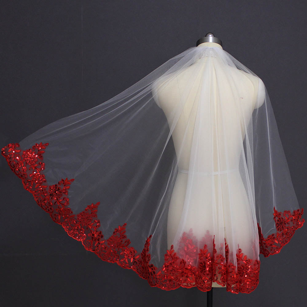 Bling Sequins Red Lace Veil