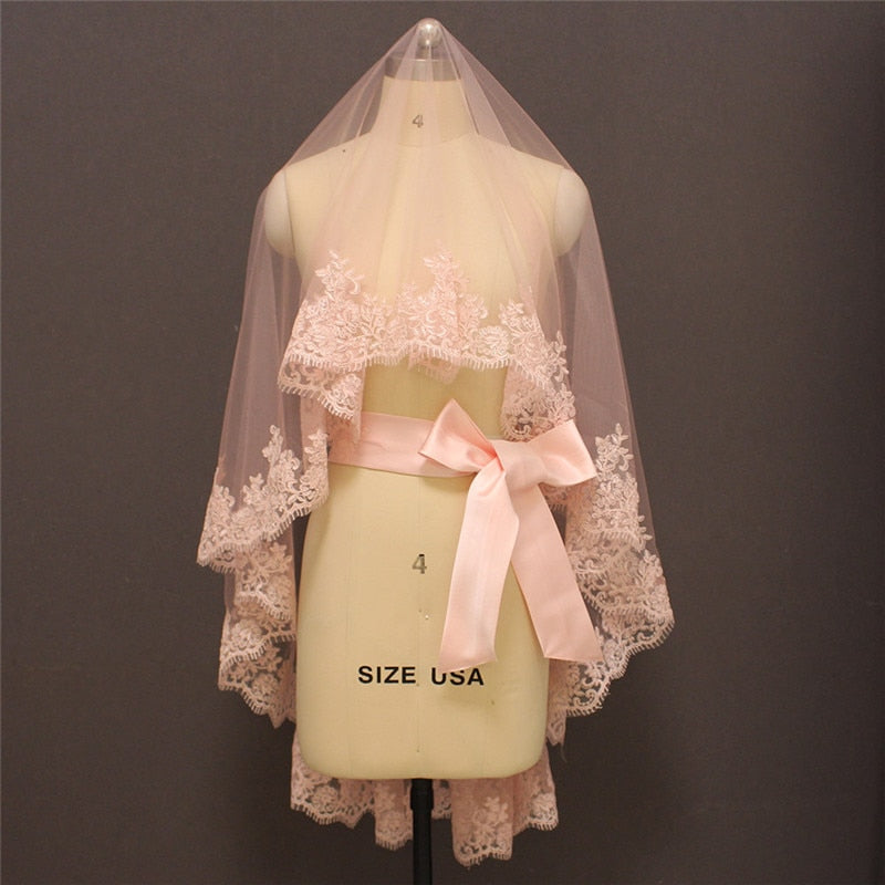 Short Laced Pink Wedding Veil