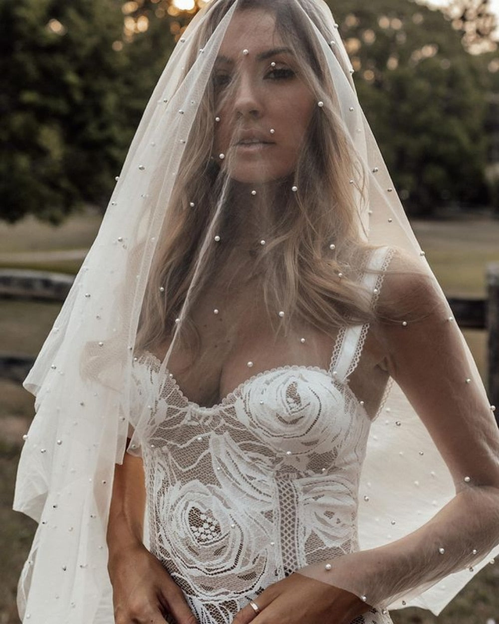 Blusher Wedding Veil with Pearls