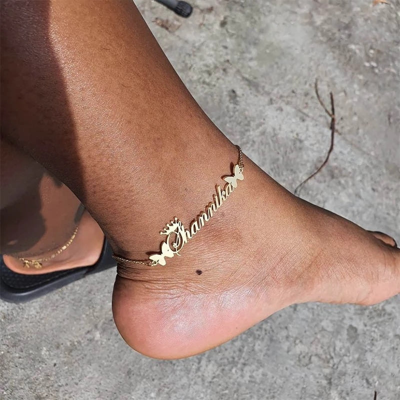 Personalized Butterfly Crown Name Anklet