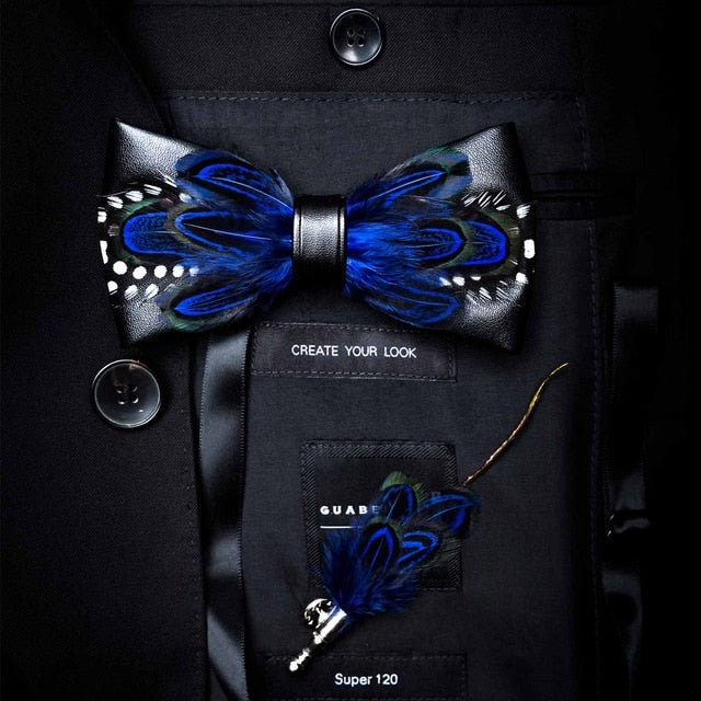 Natural Brid Feather Exquisite Bow Tie Brooch Pin